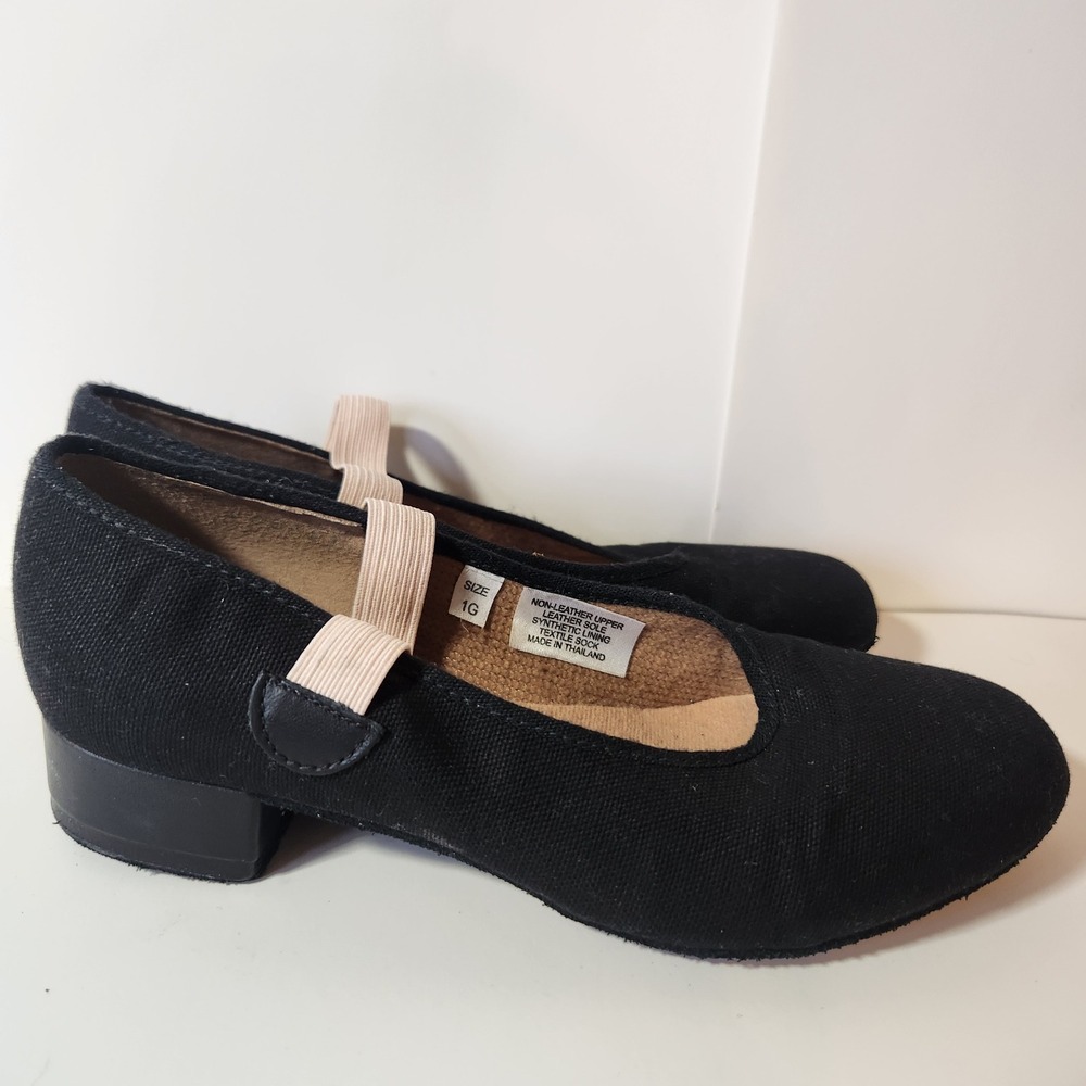 Bloch Black Canvas Character Dance Shoes Mary Jane Elastic‎ Strap Size 1G